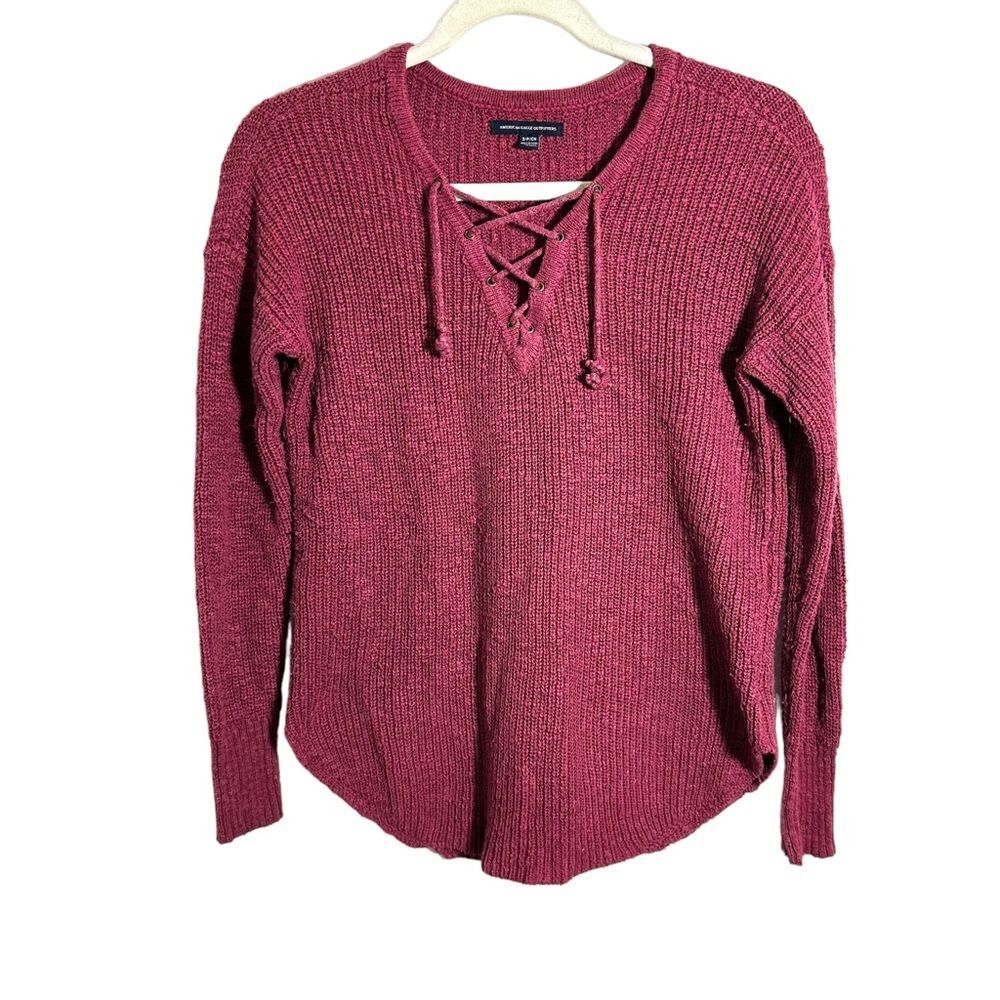 American Eagle Womens Sz S Sweater Chunky Ribbed Knit Lace Up Red Cotton Blend